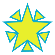 A Yellow star with blue outlines with 5 triangles touching the star with only the tip at the corners of the stars also yellow with blue outline